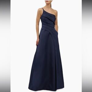 Kay Unger Jillian Sleeveless One-Shoulder Pleated Gown Dark Midnight